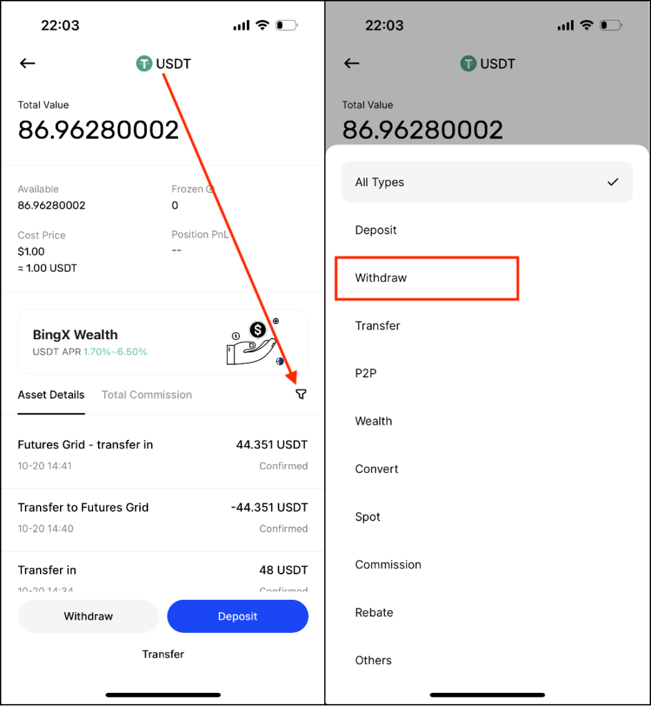 Bạn có thể dễ dàng kiểm tra lịch sử nạp:rút tiền của mình trên BingX.