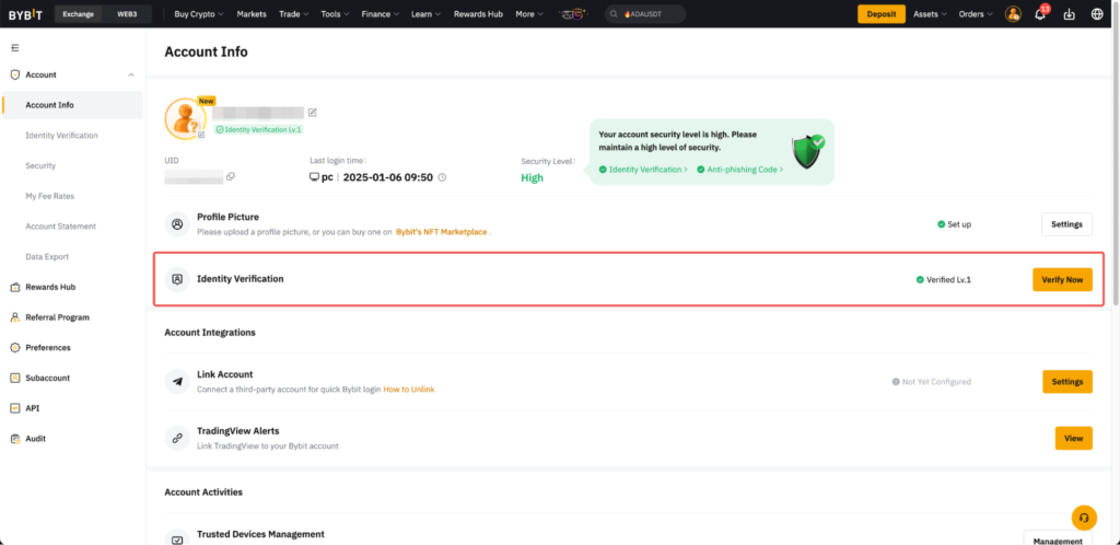 Các bước đầu tiên để xác minh danh tính trên Bybit.