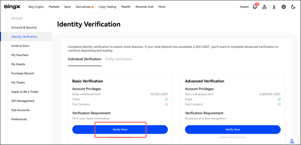 Đảm bảo bạn đã hoàn thành xác minh danh tính (KYC Cấp 1) trước khi tham gia giao dịch P2P trên BingX.