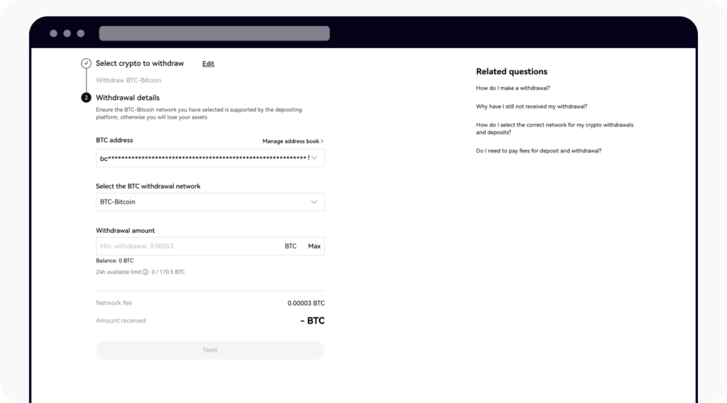 Điền Địa chỉ ví nhận, chọn Mạng lưới rút tiền, nhập Số tiền và Tag:Memo (nếu có)