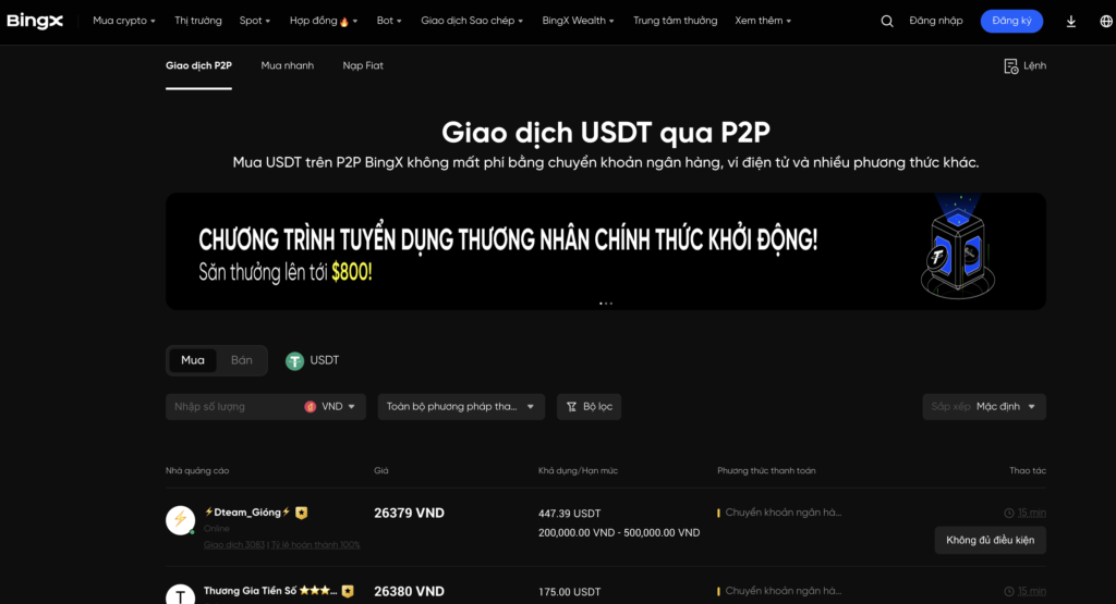 Giao dịch P2P BingX giúp bạn mua bán crypto trực tiếp và an toàn.