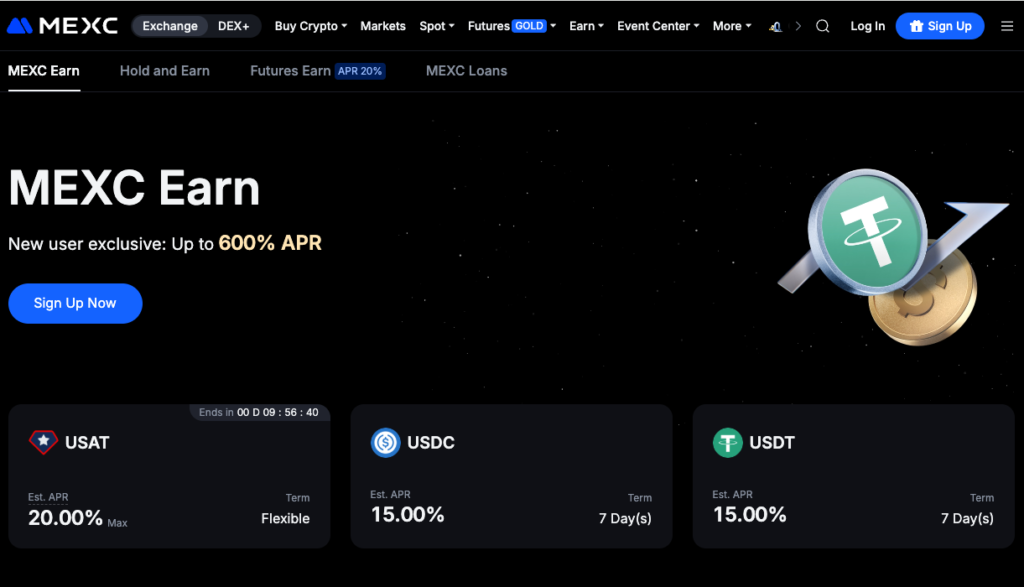 Giao diện MEXC Earn nơi bạn có thể lựa chọn sản phẩm phù hợp.