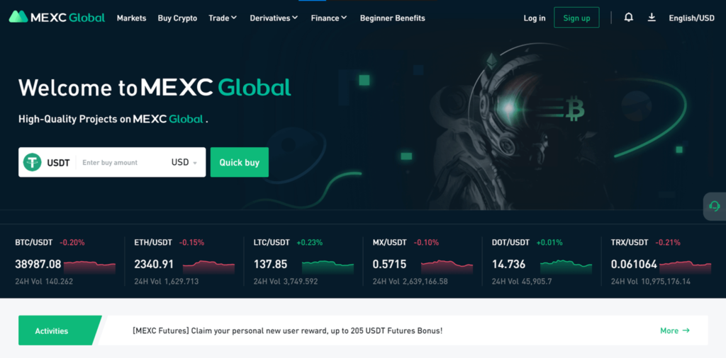 Giao diện giao dịch MEXC trên nền tảng web