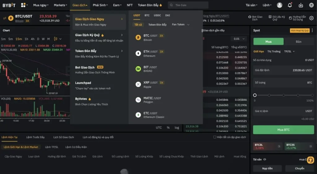 Giao diện giao dịch Spot trên Bybit rất trực quan và dễ sử dụng.