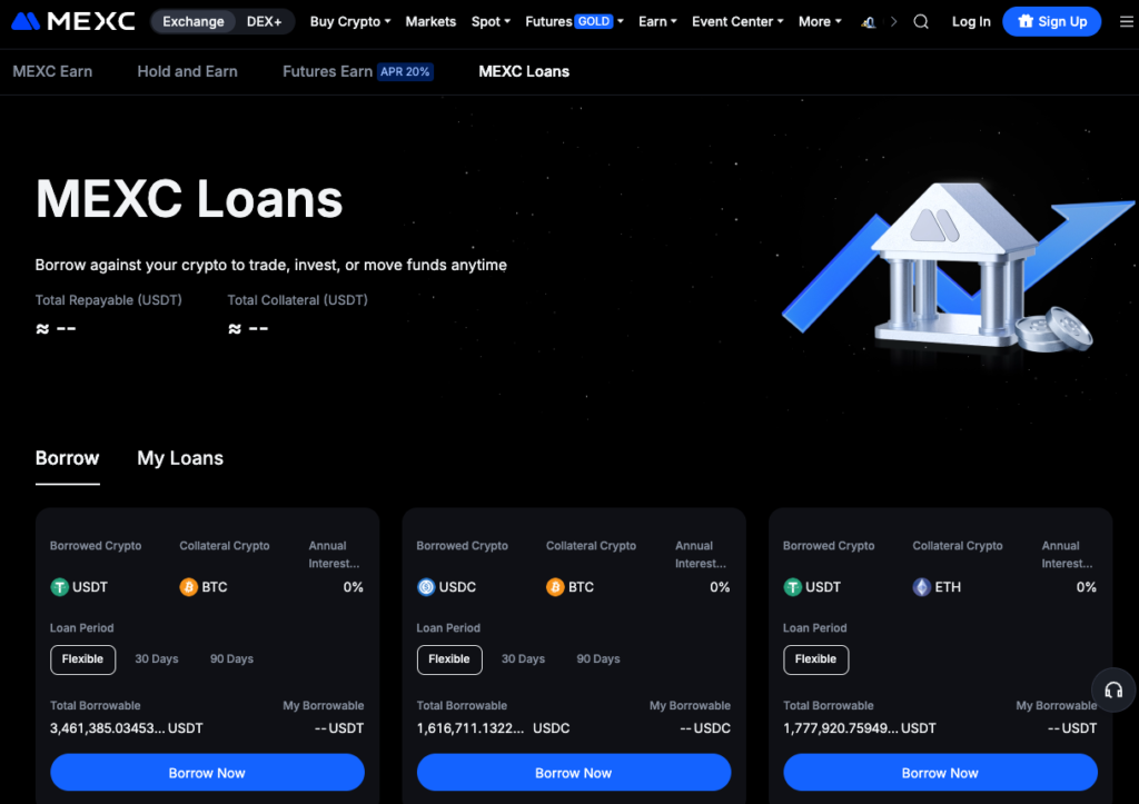 Giao diện tổng quan dịch vụ MEXC Loans