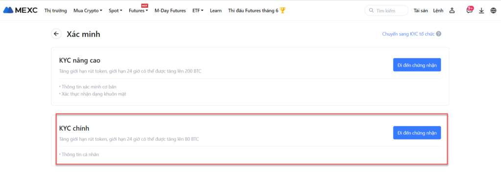 Giao diện xác minh danh tính KYC trên MEXC, yêu cầu chụp ảnh trực tiếp.