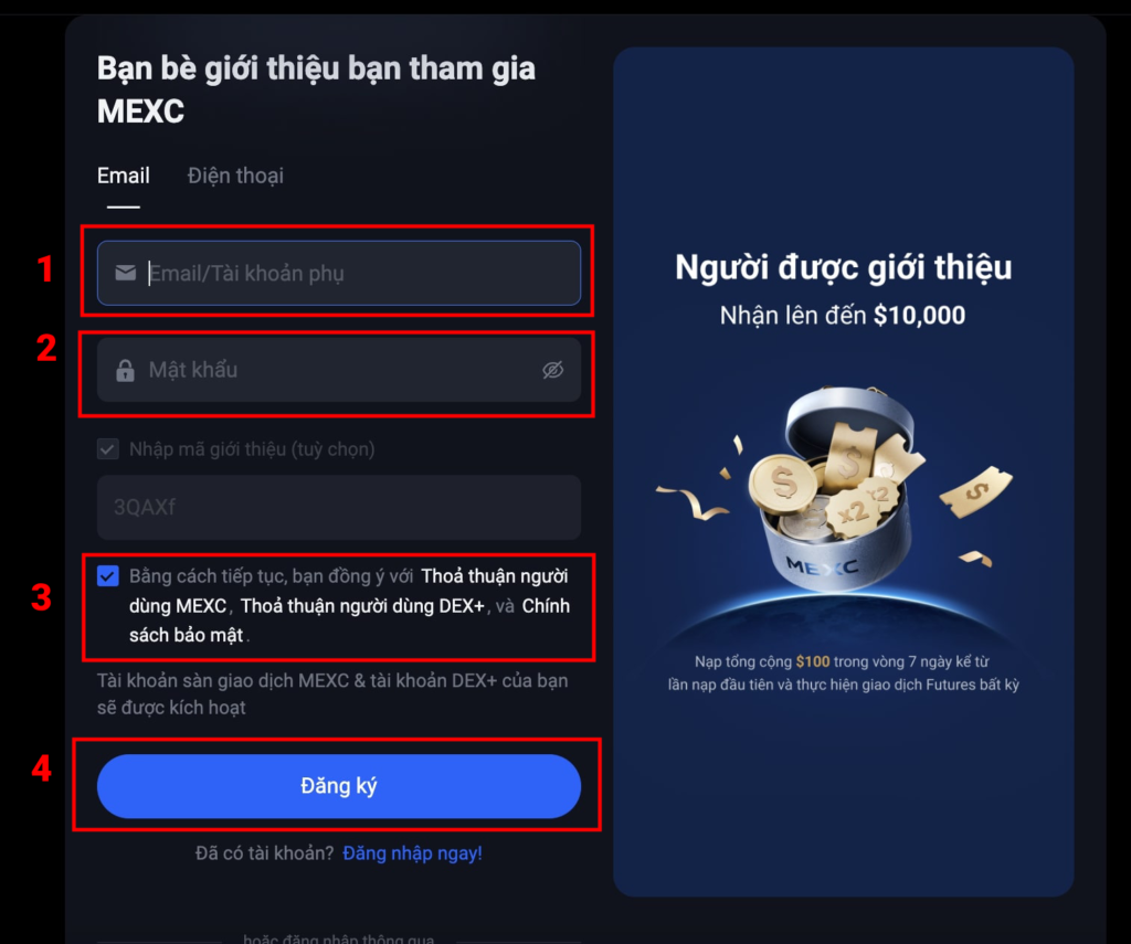 Lựa chọn đăng ký bằng Email hoặc Số điện thoại trên ứng dụng MEXC.