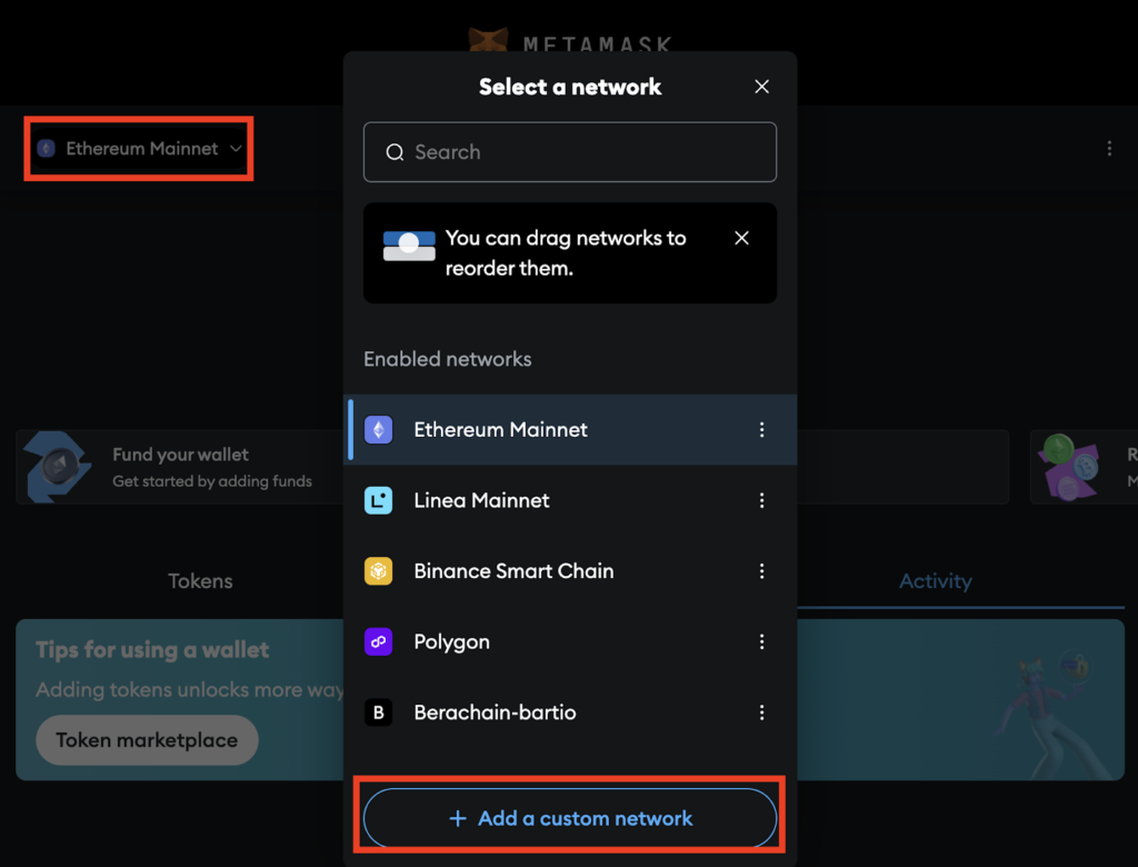 Mở MetaMask và Truy cập Menu Mạng