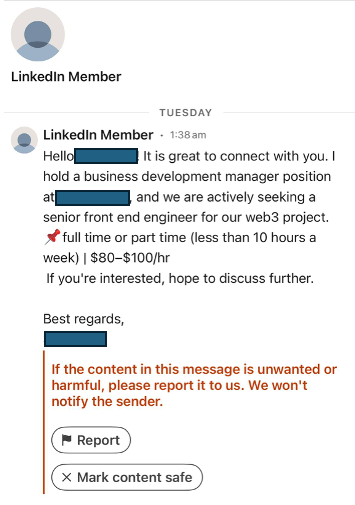 Một ví dụ về tin nhắn Contagious Interview