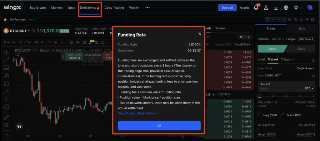 Vị trí hiển thị Funding Rate và thời gian đếm ngược trên giao diện Hợp đồng Vĩnh cửu BingX Web