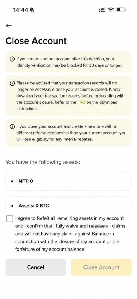 Binance luôn có những cảnh báo quan trọng và các bước chuẩn bị trước khi bạn quyết định đóng tài khoản.