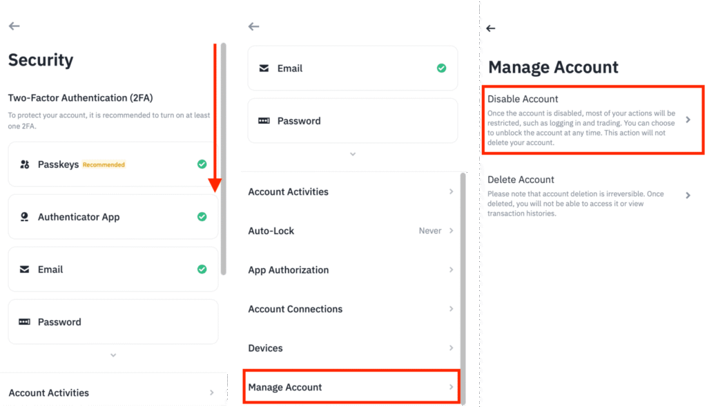 Các lựa chọn và cảnh báo khi bạn quyết định vô hiệu hóa tài khoản Binance.