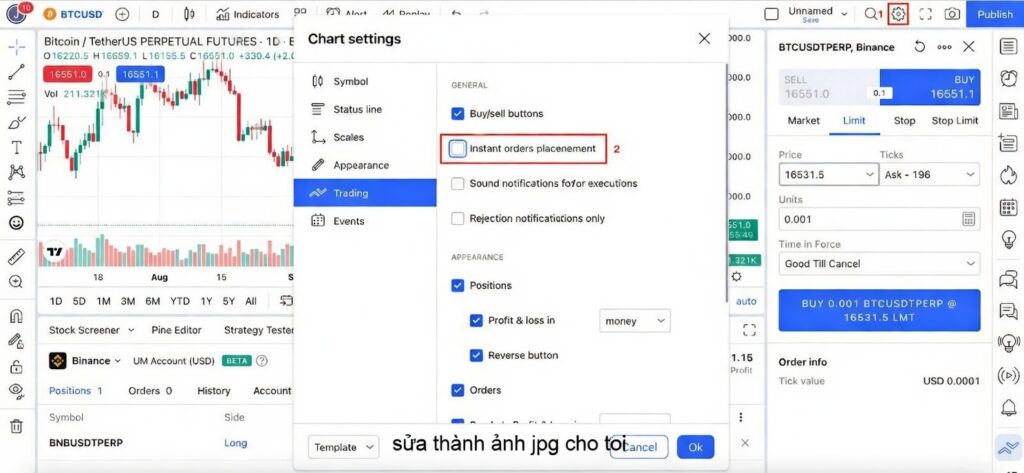 Đặt lệnh mua:bán trực tiếp trên Binance qua giao diện TradingView