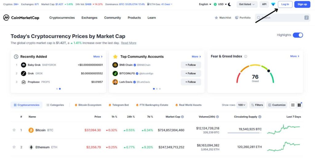 Giao diện CoinMarketCap, nơi bạn có thể dễ dàng tìm thấy Market Cap và các thông số khác của Bitcoin.