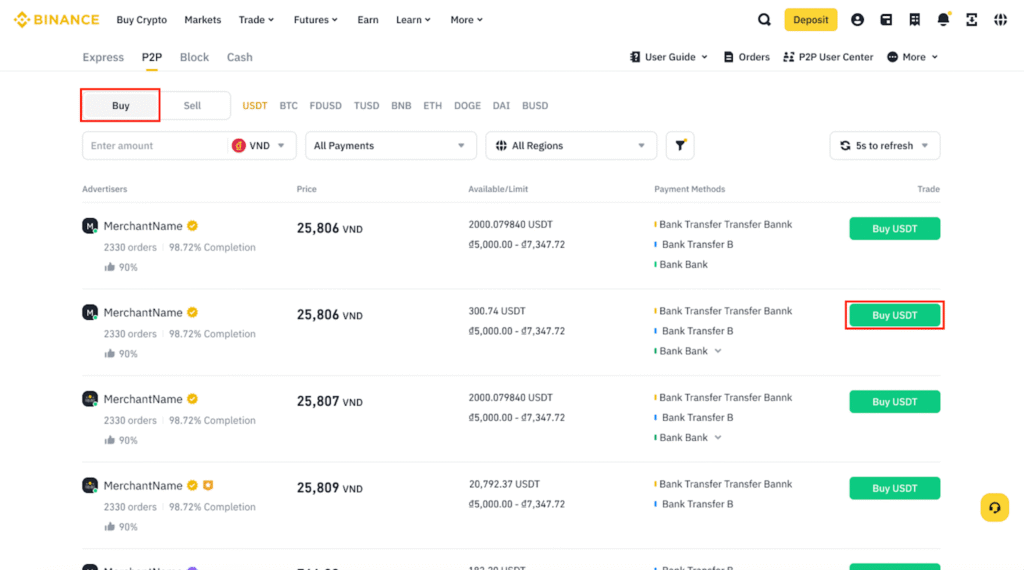 Giao diện P2P trên MEXC Web với các lệnh mua và bán.