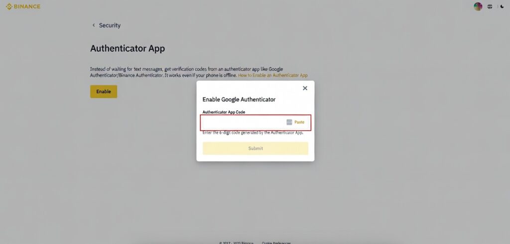 Giao diện bắt đầu thiết lập Binance Authenticator.