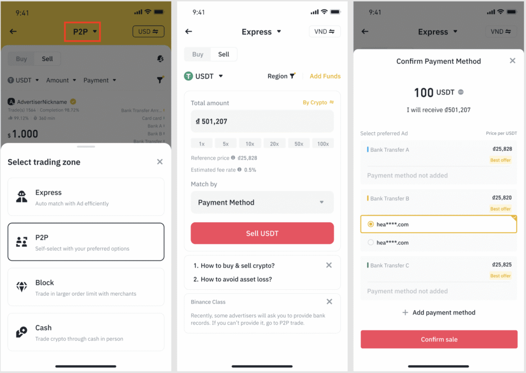 Giao diện chọn phương thức bán USDT qua P2P trên Binance.