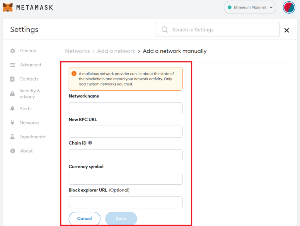Giao diện để nhập thông tin chi tiết mạng mới.