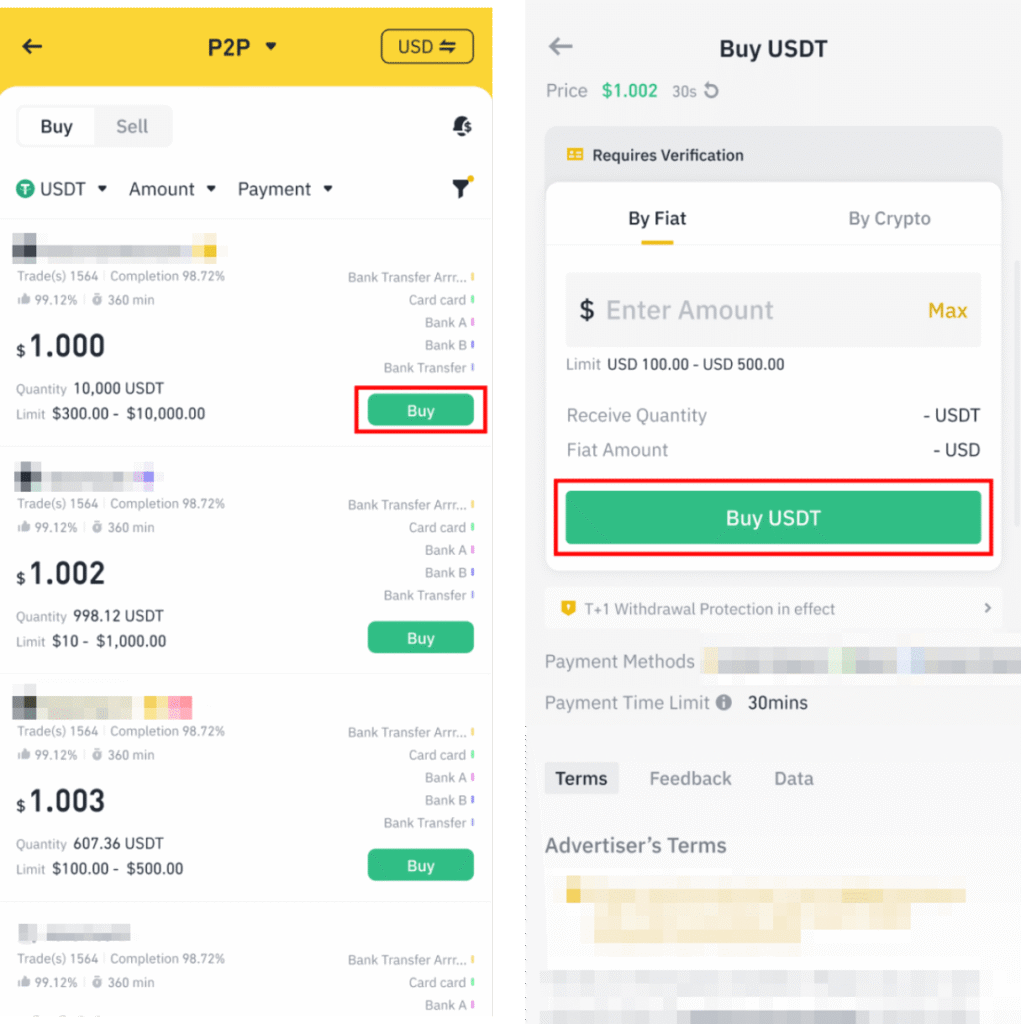 Giao diện mua USDT trên Binance P2P, chọn người bán và đặt lệnh.