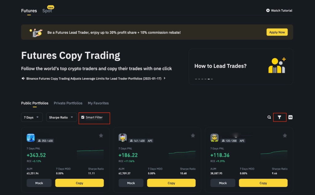 Giao diện tổng quan về Sao chép giao dịch trên Binance.
