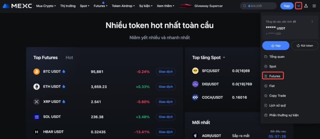 Truy cập giao diện giao dịch Spot hoặc Futures trên MEXC để bắt đầu cài đặt chỉ báo.