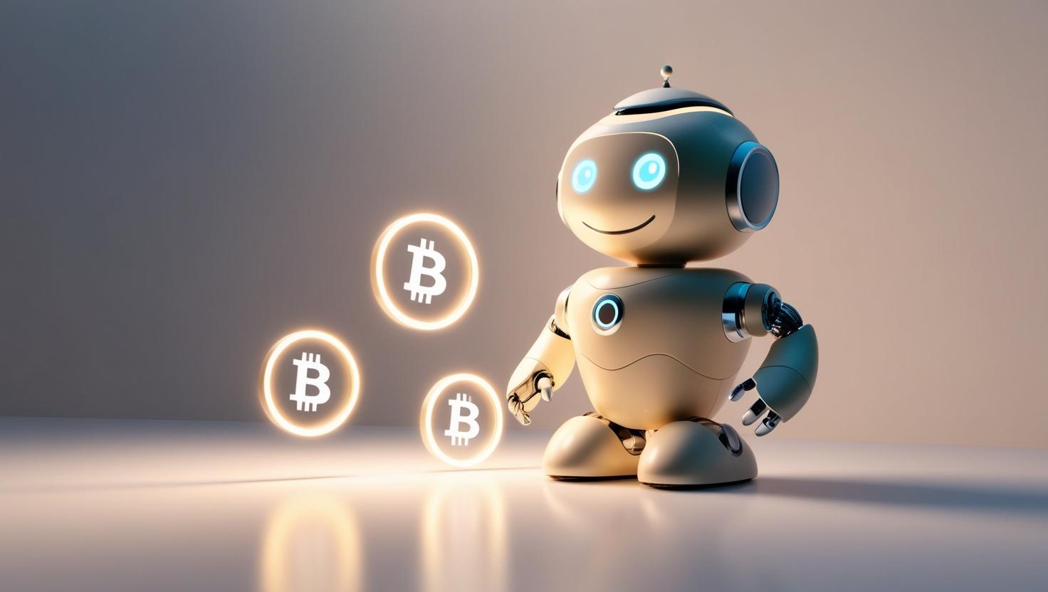 Robot AI với các biểu tượng blockchain và tiền điện tử, tượng trưng cho giao dịch AI