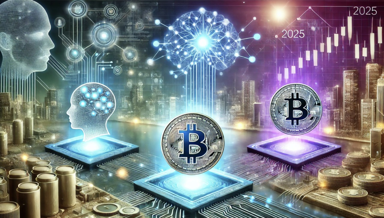 Biểu đồ tài chính với các mô hình AI và robot nhỏ, tượng trưng cho sự phát triển của AI trong Crypto