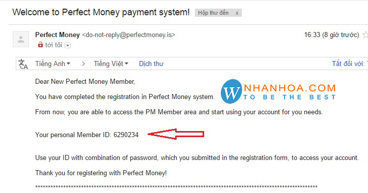 Giao diện đăng ký tài khoản Perfect Money