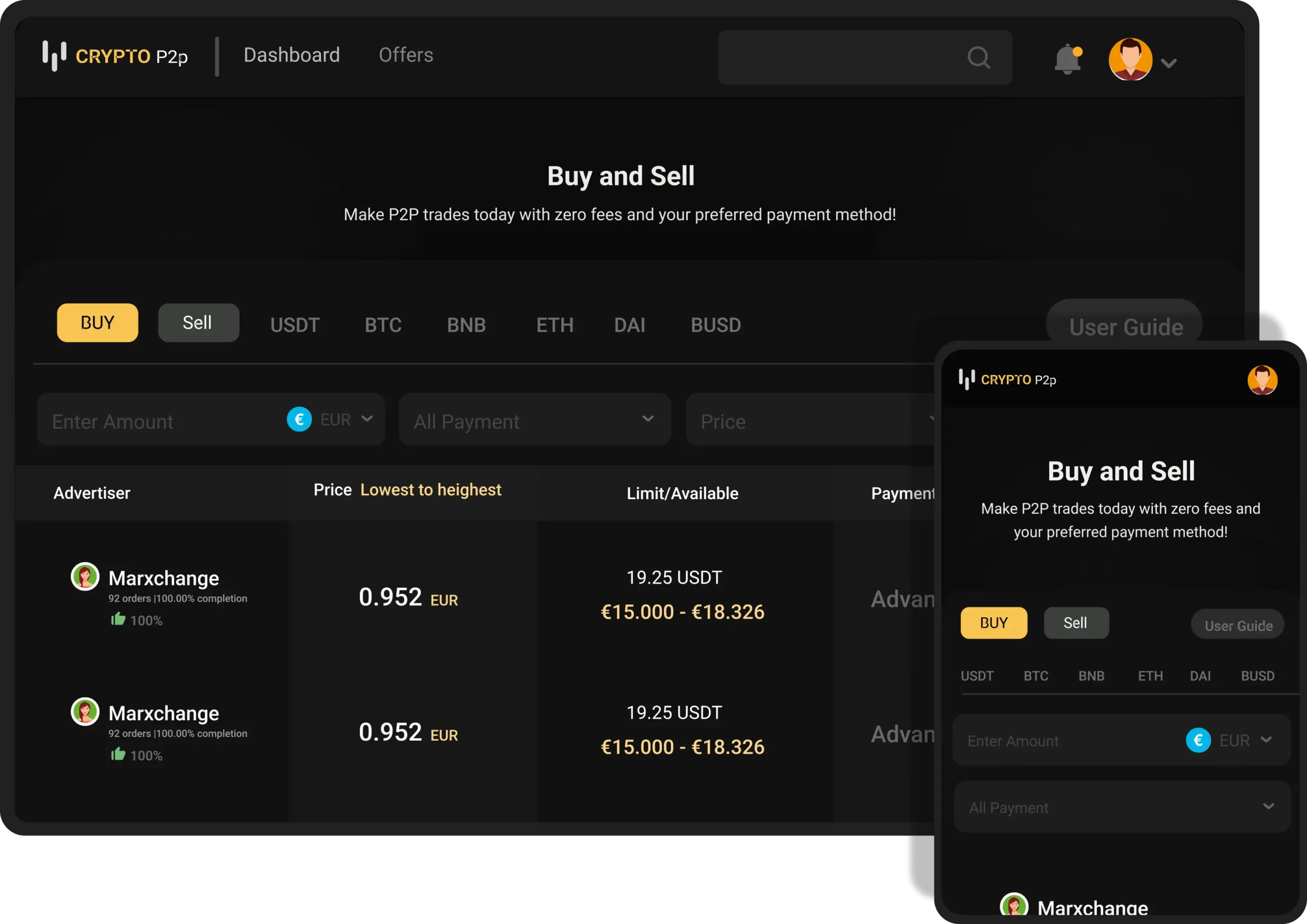 Giao diện sàn giao dịch tiền điện tử Peer-to-Peer (P2P)