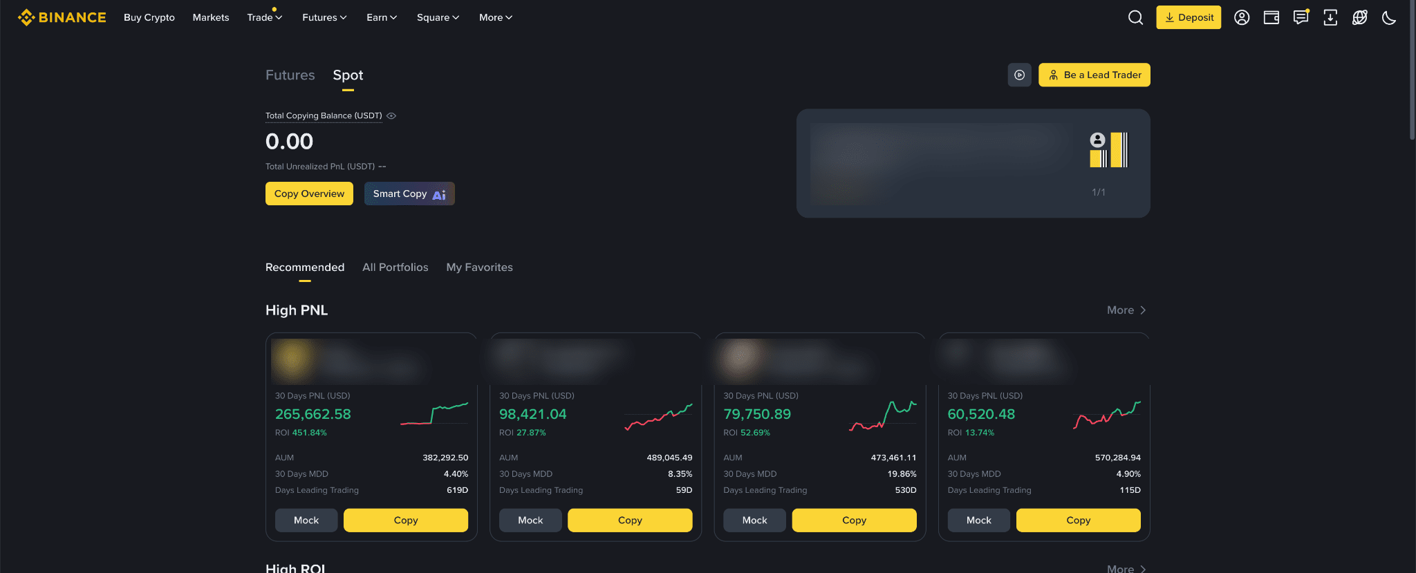 Giao diện Copy Trading trên Binance hiển thị hồ sơ Leading Traders