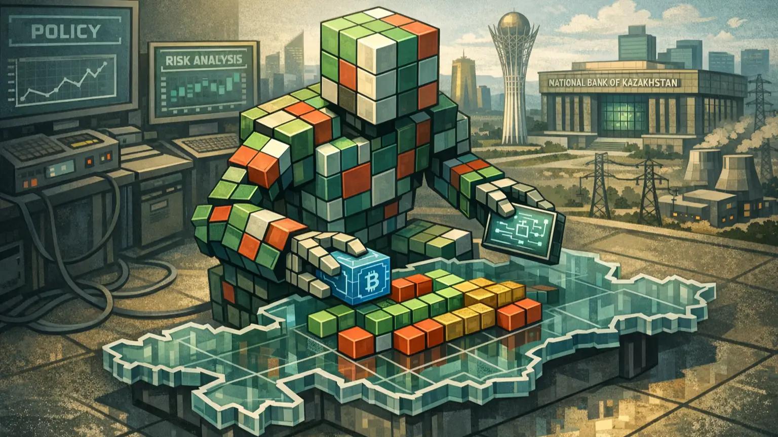 Robot đồ họa cân bằng tài sản kỹ thuật số chủ quyền, tượng trưng cho chiến lược đa dạng hóa dự trữ của Kazakhstan.