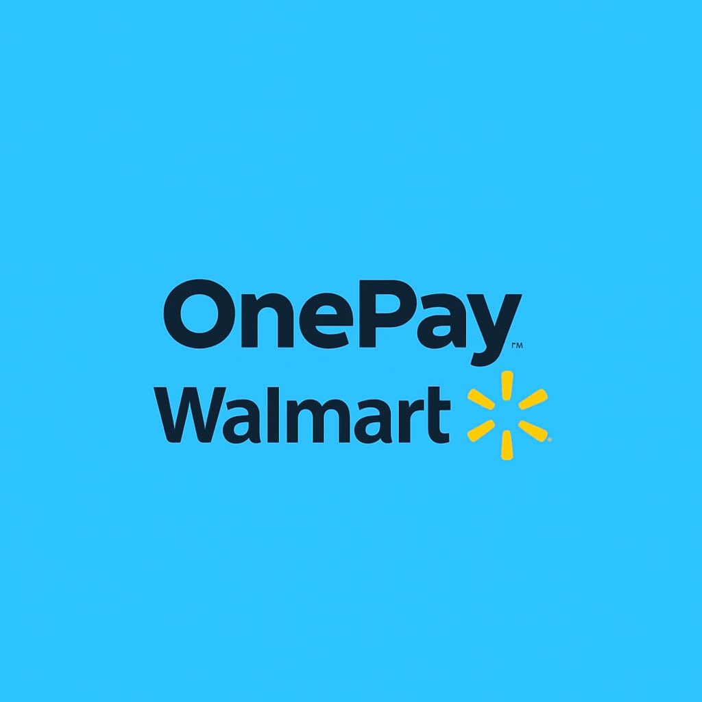 Logo OnePay và Walmart cùng với dòng chữ xác nhận quan hệ đối tác, thể hiện sự hậu thuẫn của Walmart.