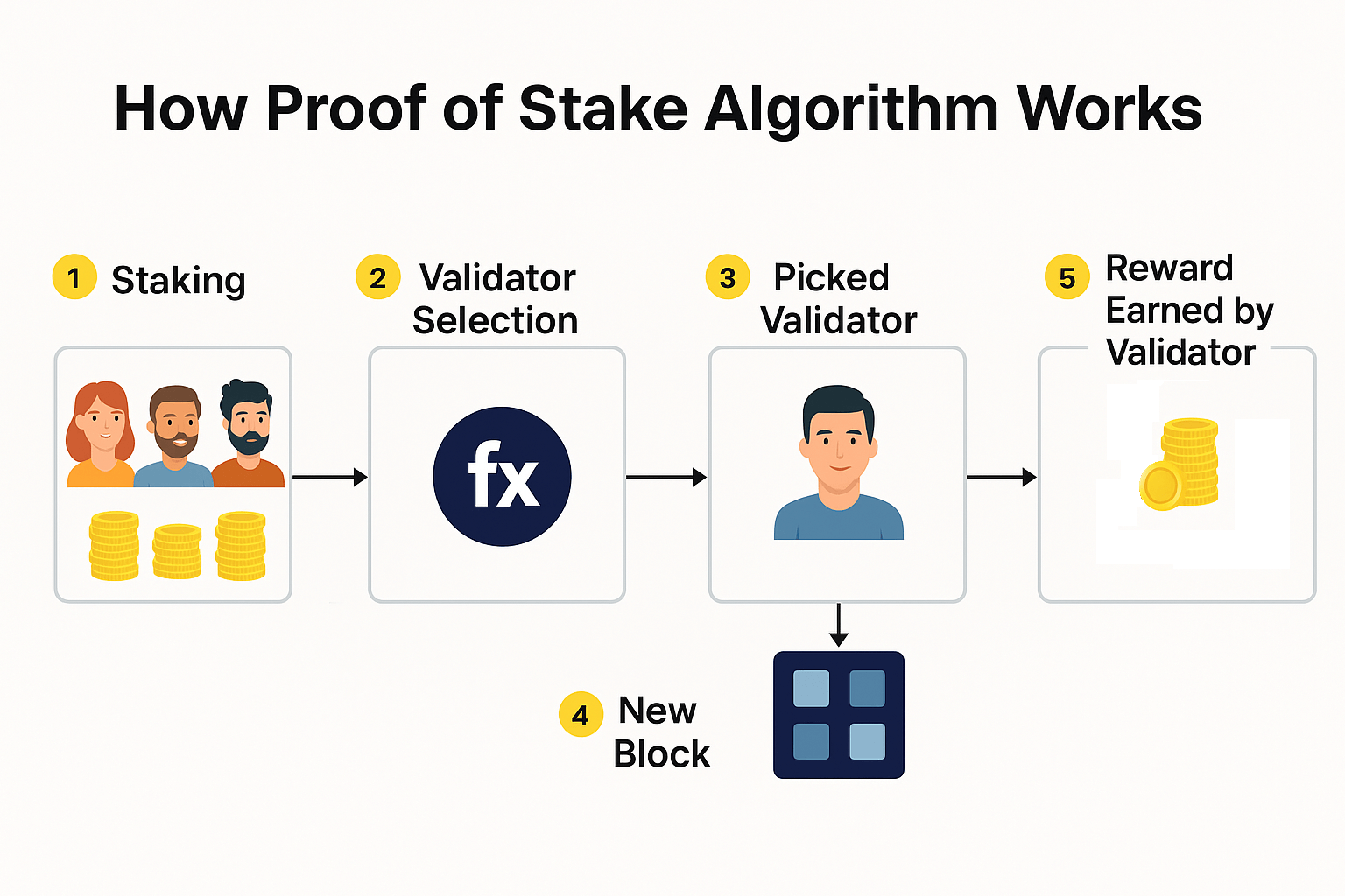 Minh họa cơ chế Proof-of-Stake với các validator và blockchain