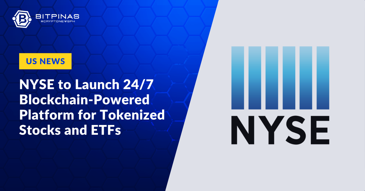Tòa nhà Sở Giao dịch Chứng khoán New York được phủ các yếu tố blockchain, tượng trưng cho cổ phiếu được token hóa