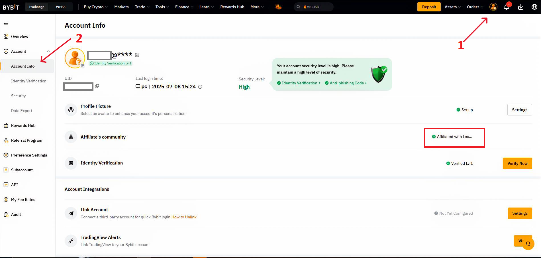 Giao diện theo dõi liên kết giới thiệu và người dùng trên Bybit