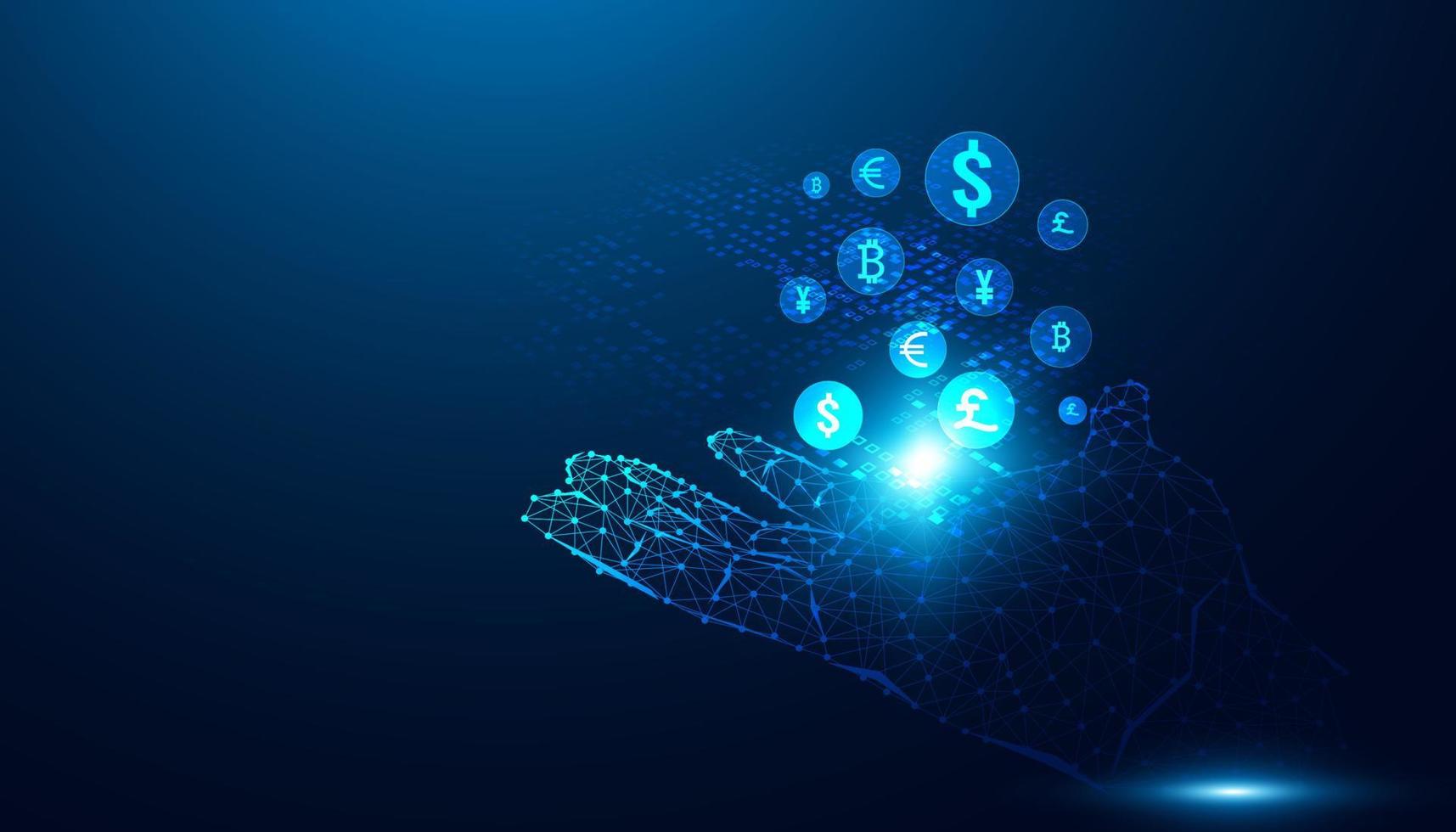 Digital hand interacting with holographic crypto tokens in a decentralized finance (DeFi) network.