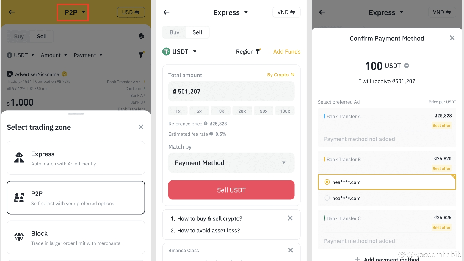 Giao diện ứng dụng Binance P2P hiển thị tab Bán và danh sách người mua USDT