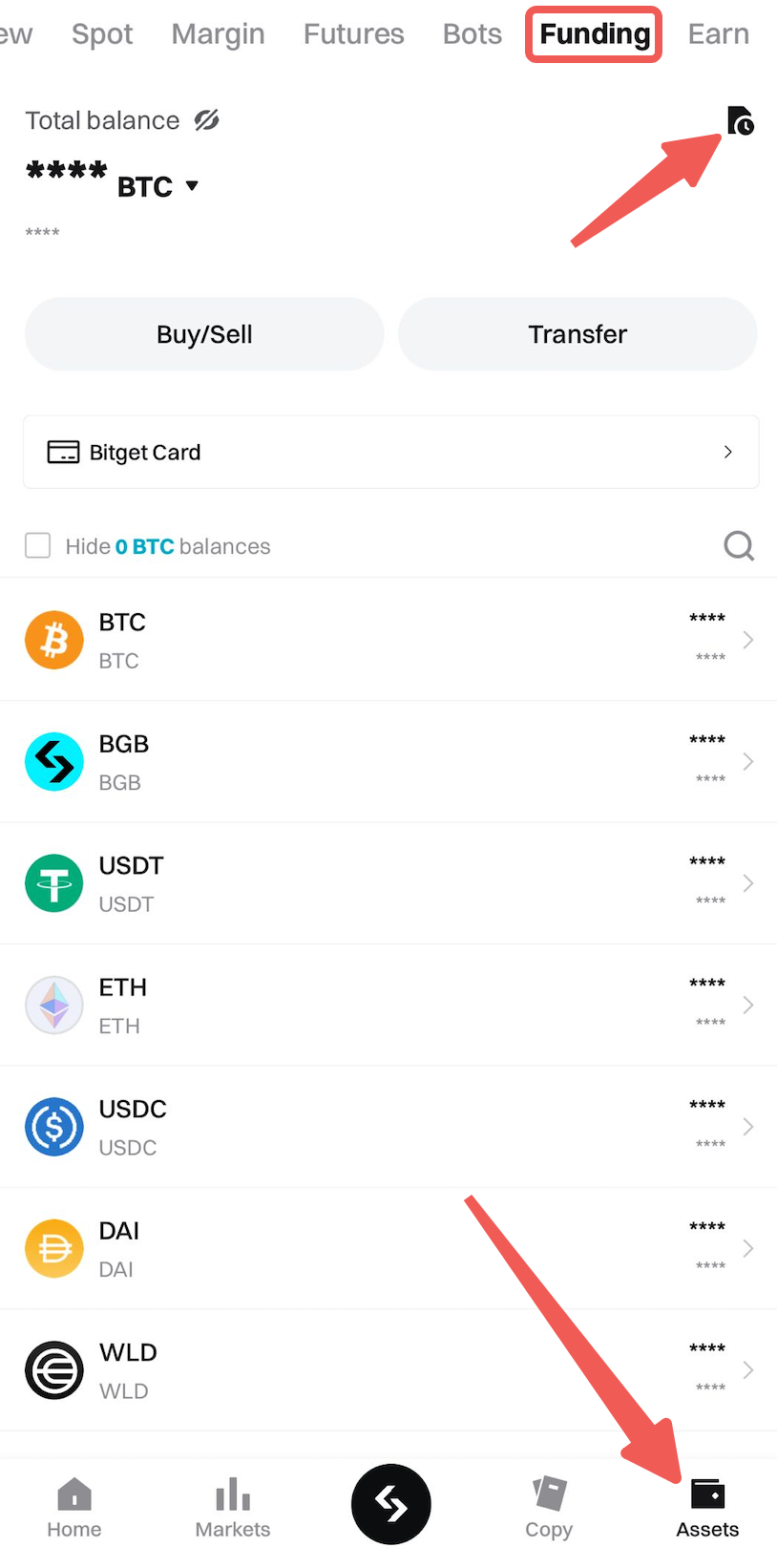 Màn hình ứng dụng Bitget hướng dẫn chuyển USDT từ ví Spot sang ví Funding