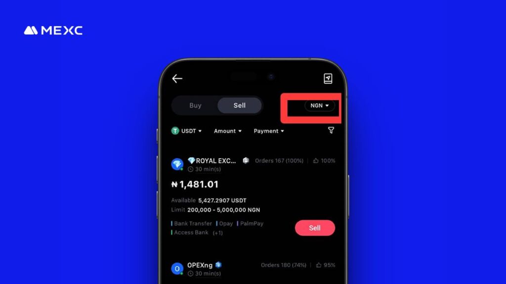 Giao diện bán USDT trên MEXC P2P mobile app