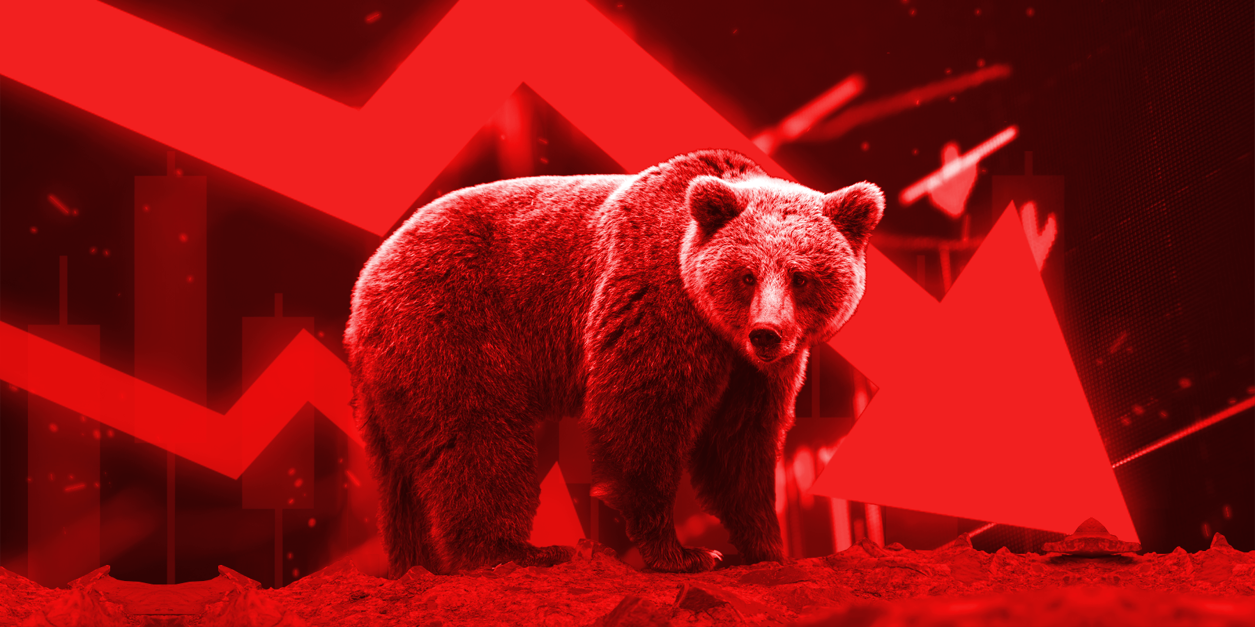 Hình minh họa thị trường gấu (bear market) với các biểu tượng tiền điện tử đang giảm giá, thể hiện giai đoạn suy thoái.