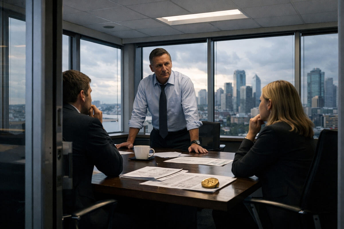 Corporate executives reviewing cryptocurrency market data and financial reports