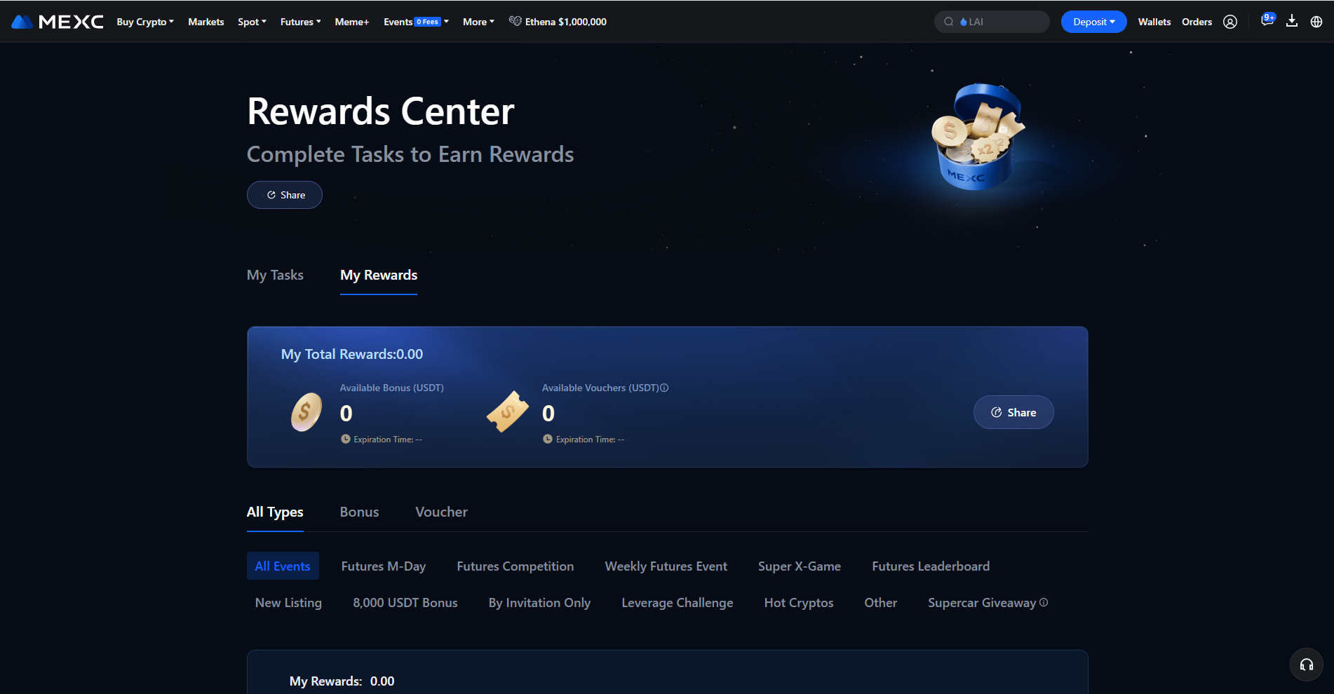 Màn hình Trung tâm phần thưởng của MEXC hiển thị danh sách và trạng thái các voucher tiền điện tử.