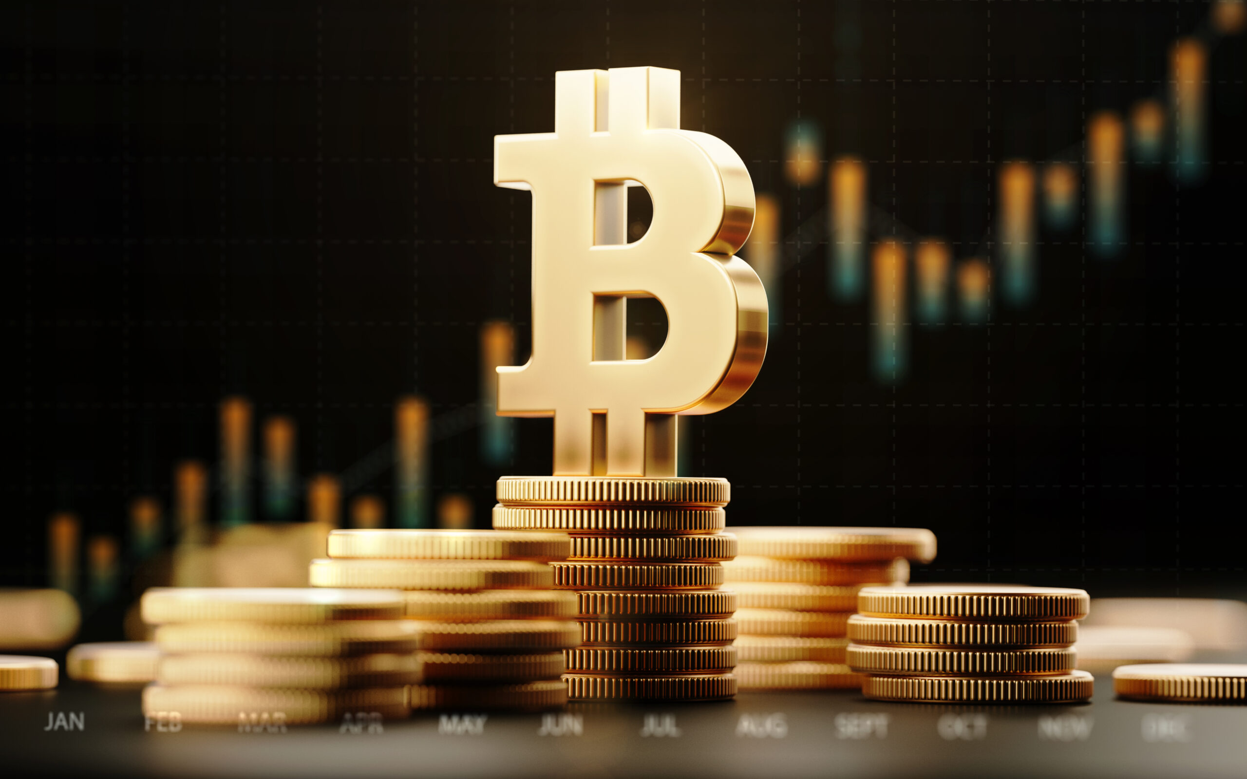 Các đồng Bitcoin vàng được xếp chồng lên nhau tượng trưng cho sự tích lũy tài sản tiền điện tử dài hạn và tăng trưởng bền vững