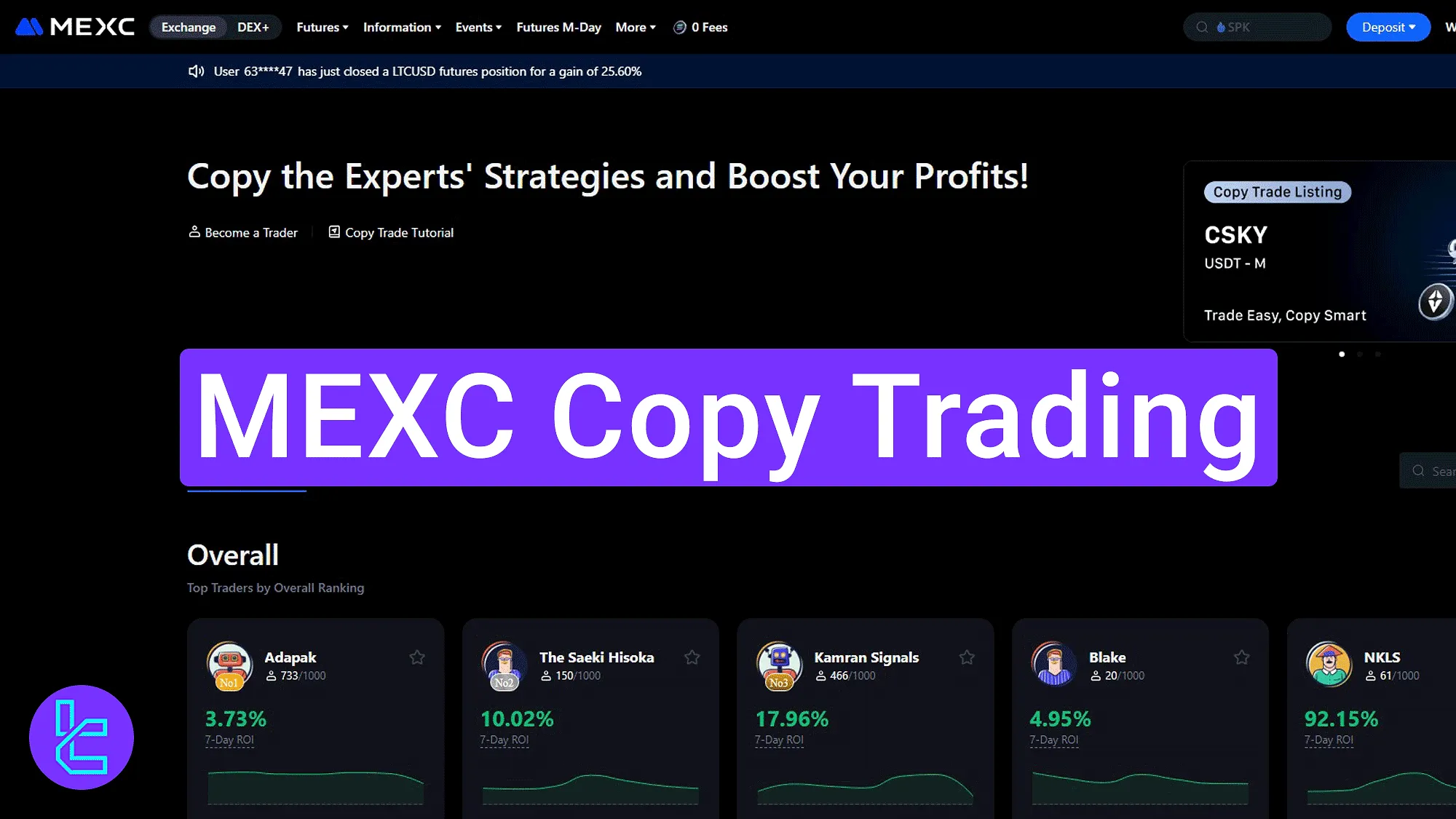 Danh sách các Master Trader trên nền tảng Copy Trade của MEXC với thông tin về ROI, PnL và số người theo dõi