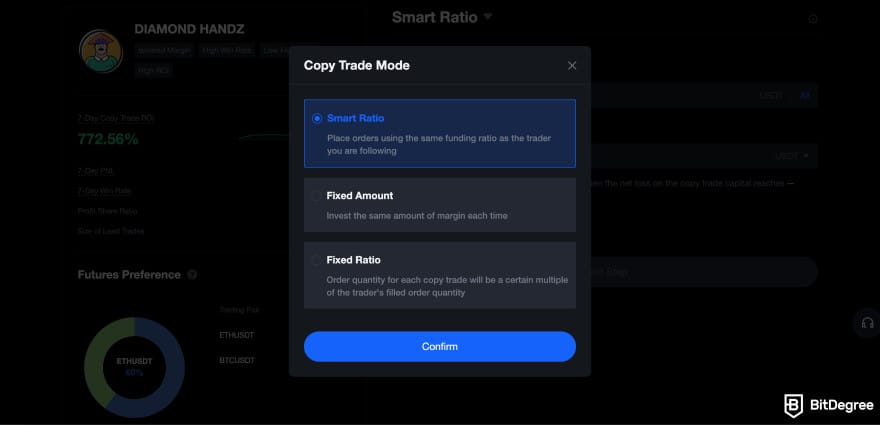 Giao diện cài đặt thông số sao chép giao dịch trên MEXC, bao gồm số vốn và tỷ lệ sao chép