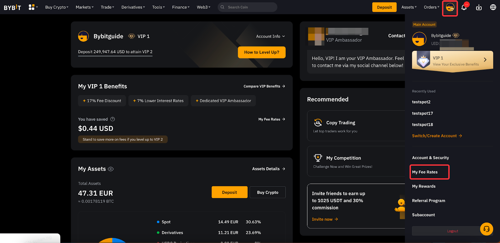 Giao diện chương trình VIP của Bybit hiển thị các cấp độ và ưu đãi giảm phí giao dịch độc quyền 2026
