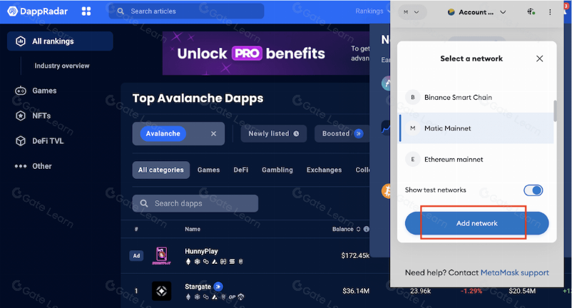 giao diện việc chuyển đổi giữa các mạng lưới evm phổ biến trên metamask