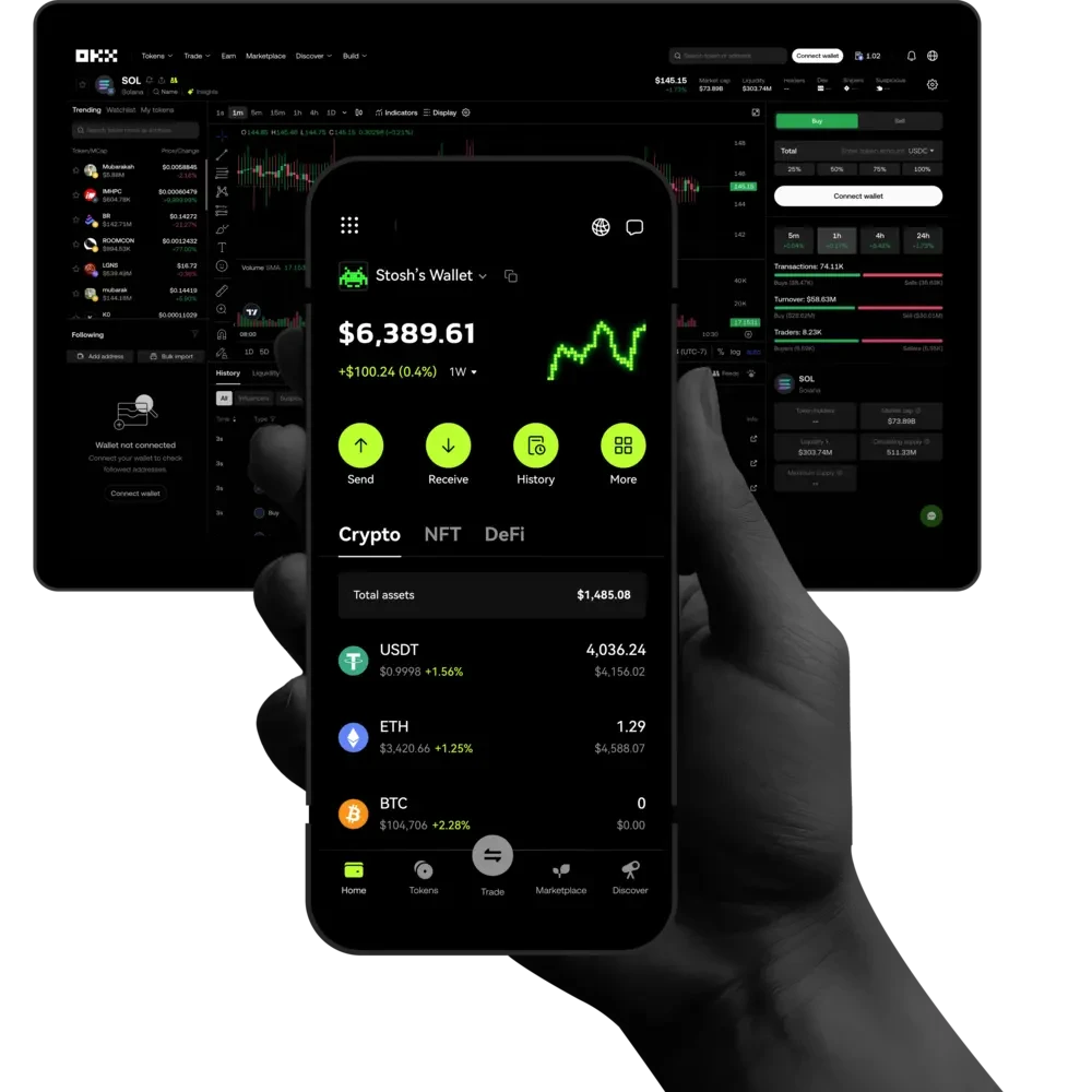 Đồ họa bảo mật của OKX Wallet, nhấn mạnh tính tự quản lý và lưu trữ cục bộ khóa riêng tư trên thiết bị của người dùng.