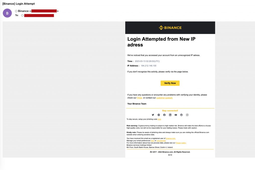 Email giả mạo Binance nhằm mục đích lừa đảo (phishing)