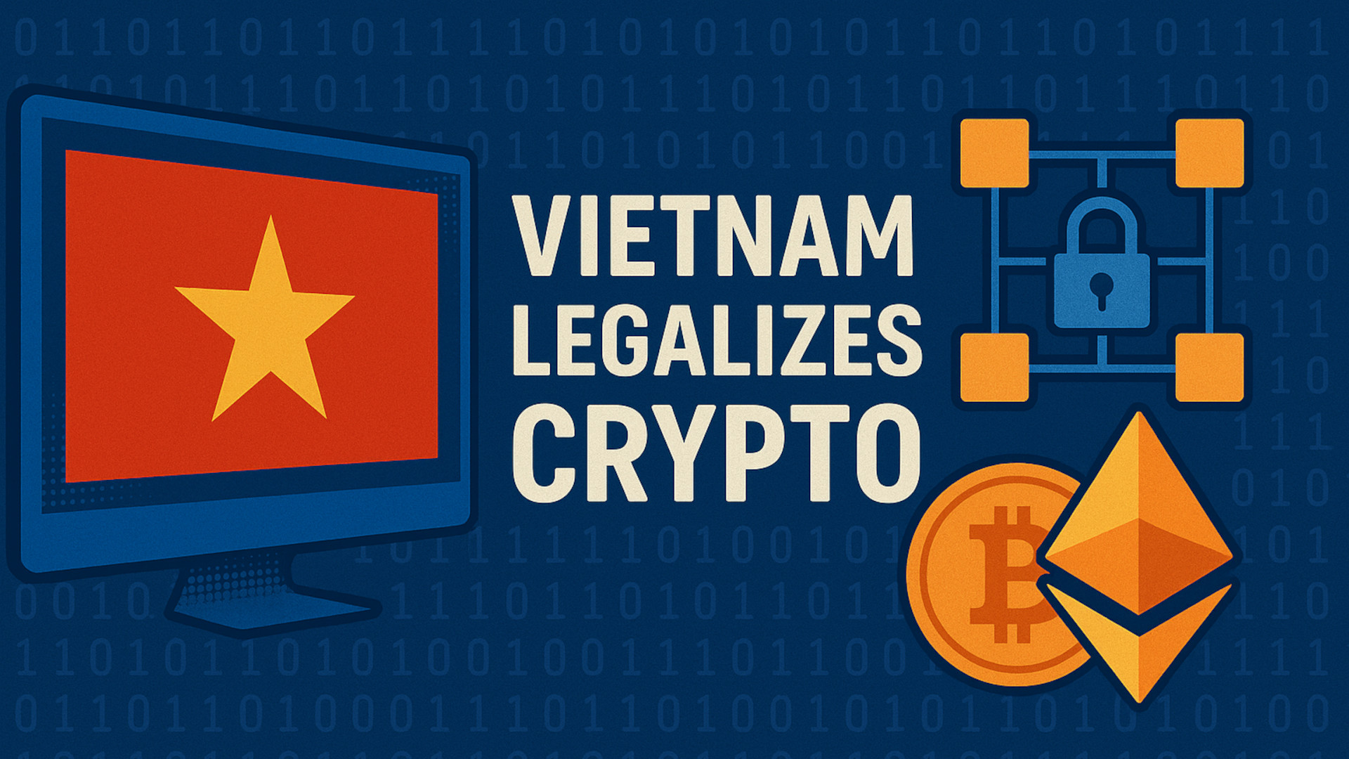 Bàn làm việc với tài liệu pháp lý và biểu tượng tiền điện tử, tượng trưng cho quá trình hợp pháp hóa crypto ở Việt Nam